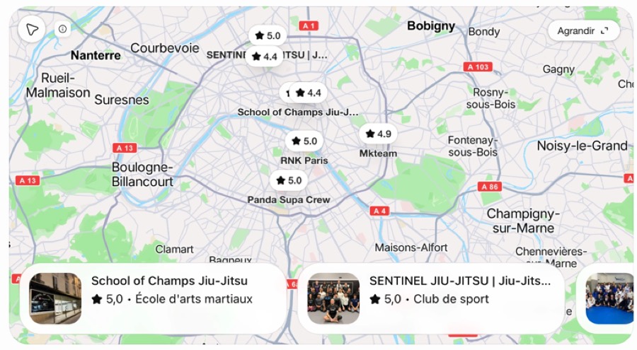 ChatGPT recommande des clubs de JJB à Paris