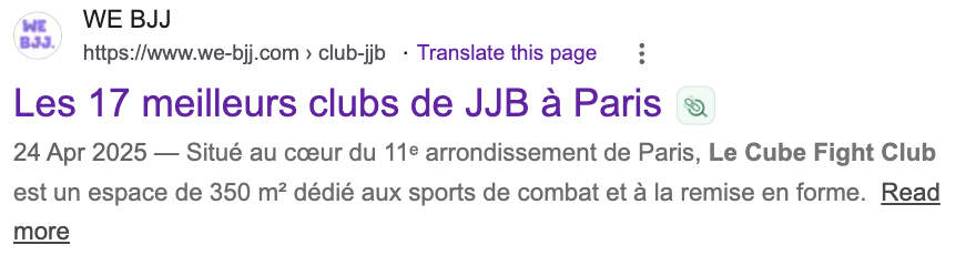 WE BJJ, premier résultat Google pour la recherche club jjb paris